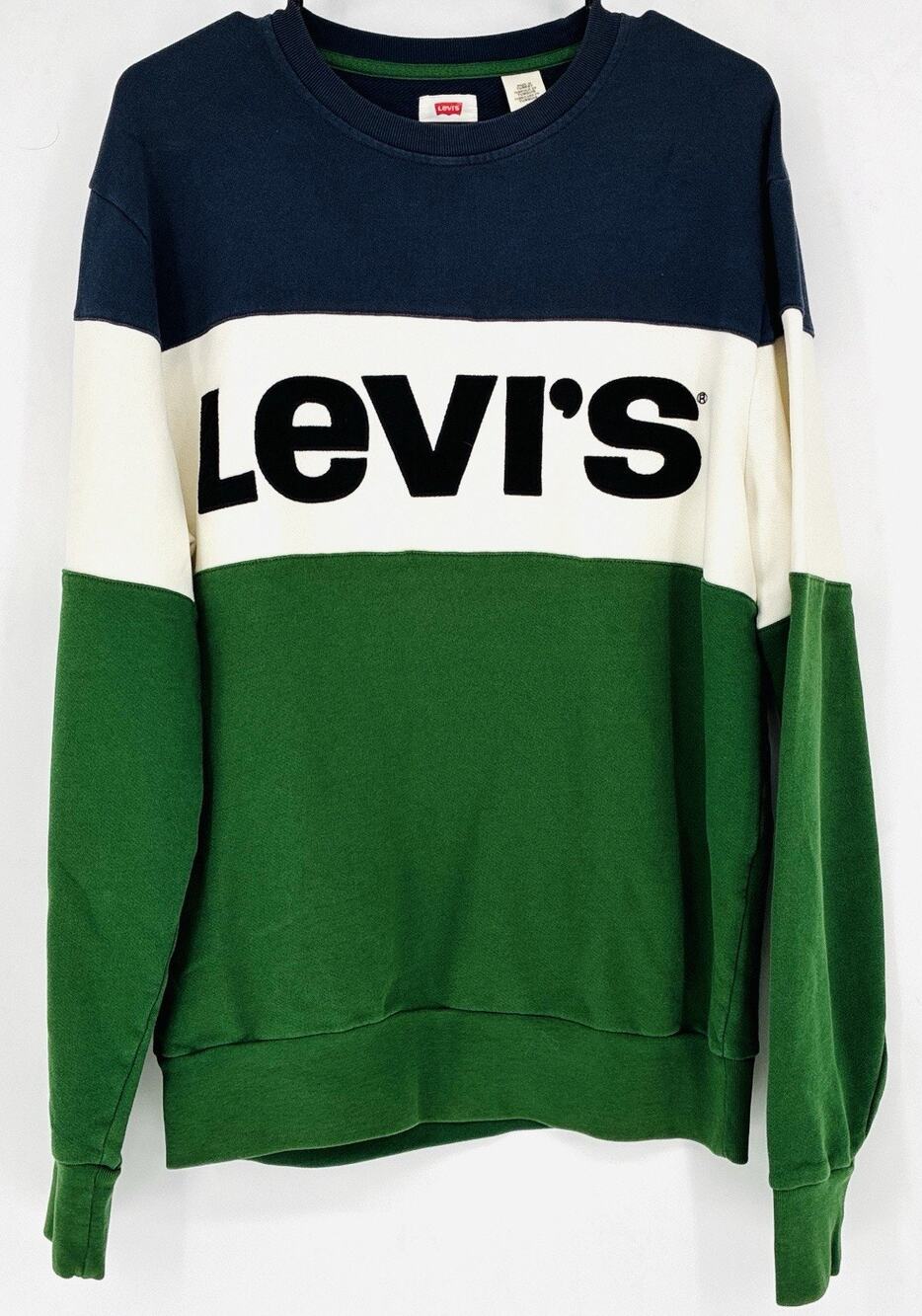 Levi’s Spellout Block Green Blue Print LS Crew Neck Logo Sz L Sweatshirt